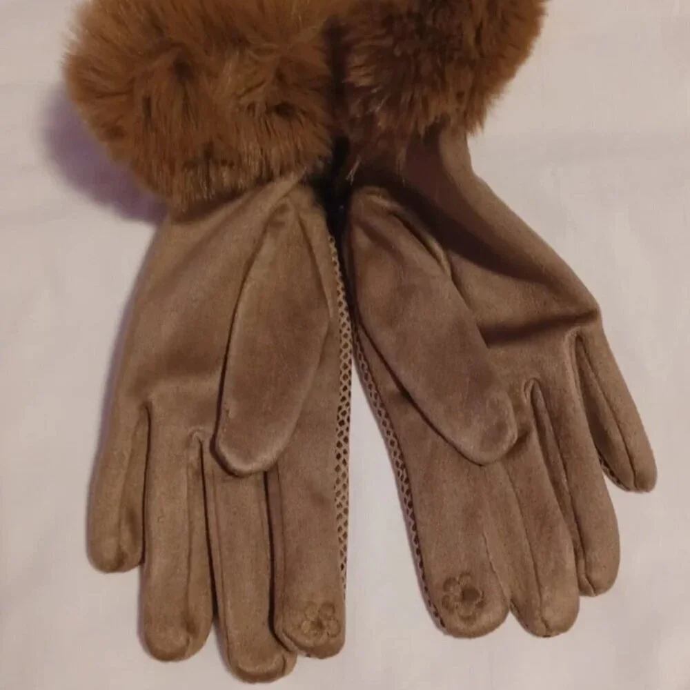 Snakeskin Print Touchscreen Gloves Faux Fur Trim Polyester